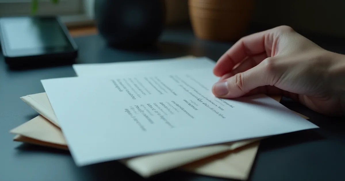 A pile of plain envelopes and a letter on a kitchen table next to a phone