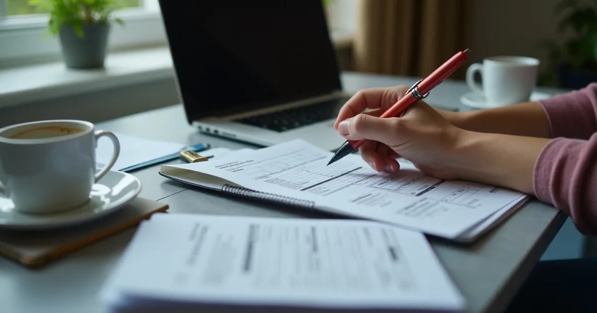 Person filling in a tax return on a laptop with receipts on the desk