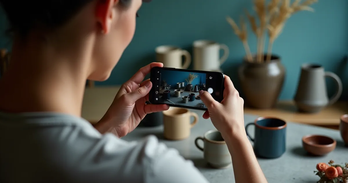 Person photographing handmade mugs with a phone to sell online